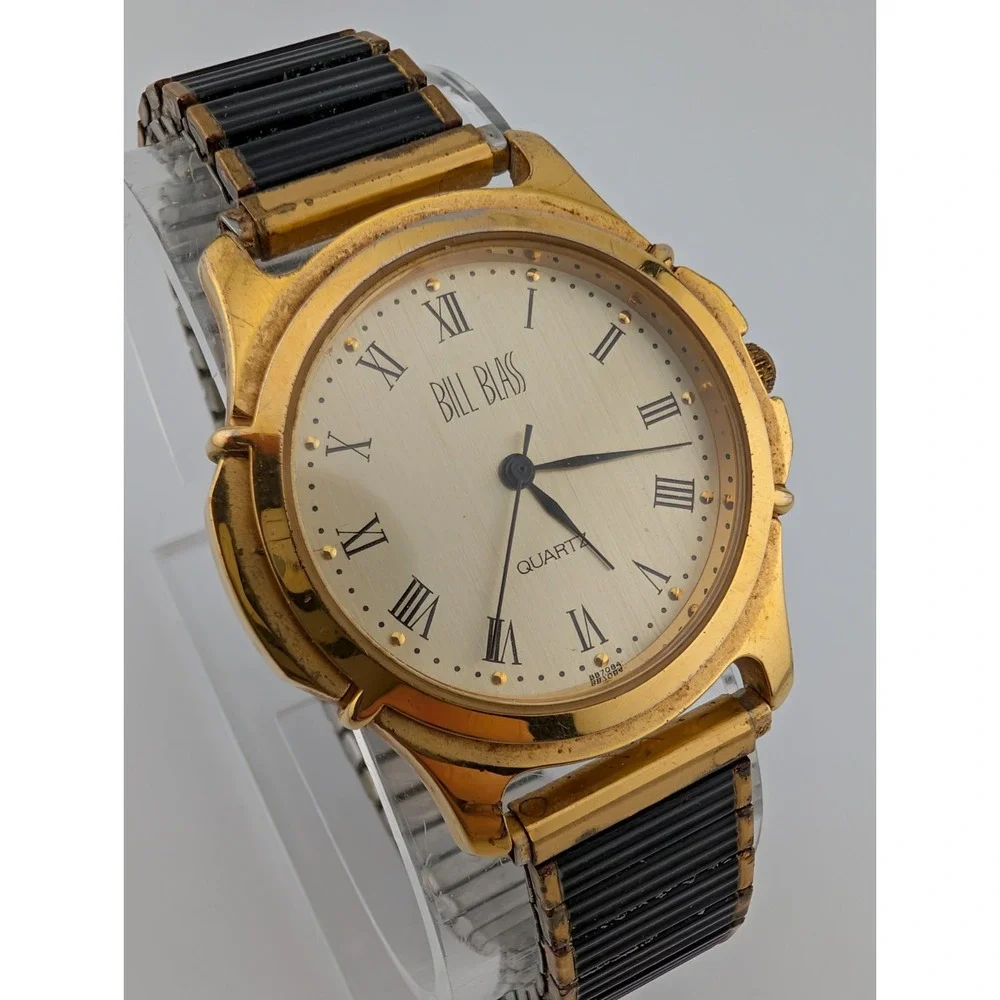 Vintage Bill Blass Watch Men 36mm Case Black/Gold Stretch Band-‎ New Battery